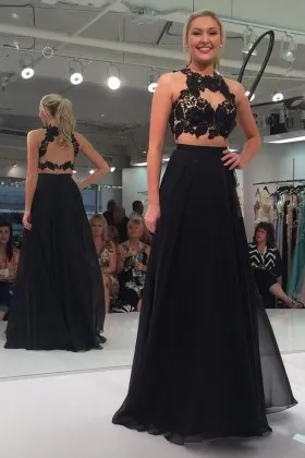 see through open back black two piece runway dress