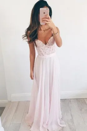 pretty light pink beaded lace chiffon prom dress