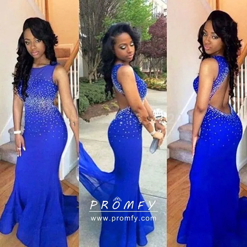 Alluring Low Open Back Beaded Bright Blue Prom Gown - Promfy