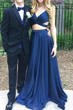 exclusive cut out navy blue satin sexy prom dress