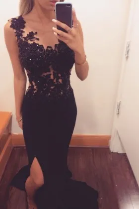 black beaded illusion lace jersey sexy prom dress