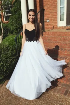 unique black white beaded cut out waist prom gown
