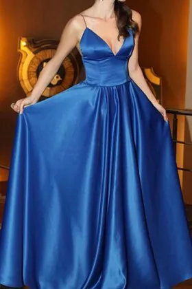 cobalt blue satin spaghetti straps simple prom dress