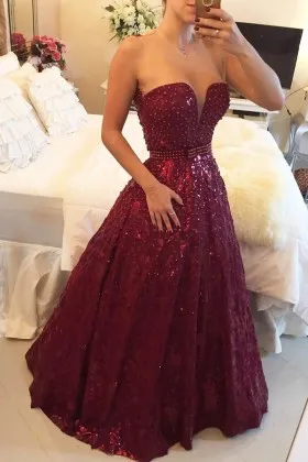 Luxury pearls embellished burgundy long prom dress