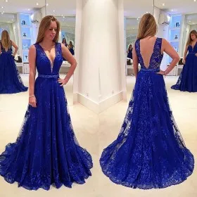 classic sapphire blue lace plunging neck prom dress