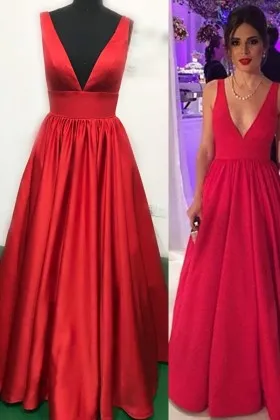 simply red satin deep V neck puffy long prom dress