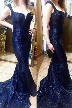 Sparkly Dark Navy sequin Slim Fit mermaid Prom gown