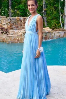 sky blue chiffon plunging neck pleated prom dress