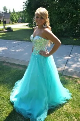 beaded strapless sweetheart cyan tulle prom dress