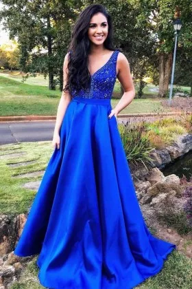 royal blue beaded satin elegant long formal dress
