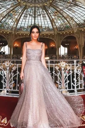 bedazzled dark nude sequin glitter long prom dress