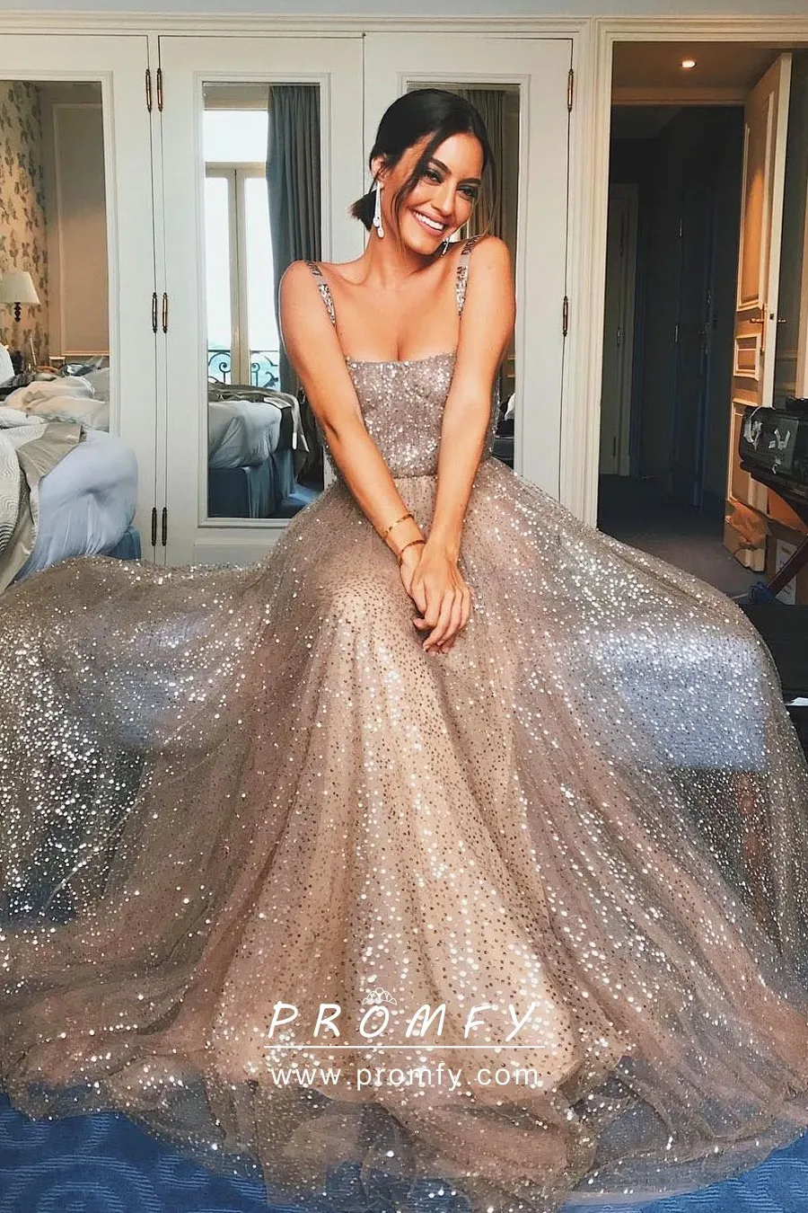 Bedazzled Dark Nude Sequin Glitter Long 