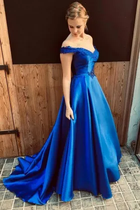 off the shoulder V neck royal blue satin prom dress