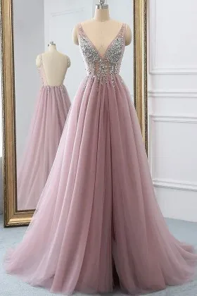 flirty beaded sheer mauve tulle backless prom dress