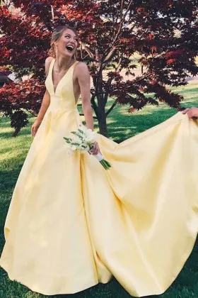 minimalist light yellow satin long engagement dress