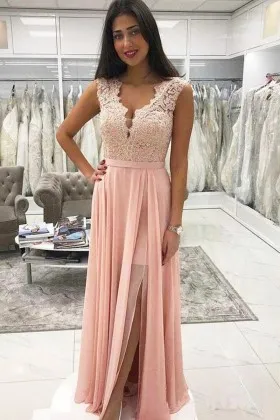 Plain blush Beaded Jagged Lace Chiffon Prom Dress