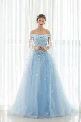 fairytale floral appliqued sky blue formal dress