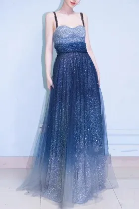 ombre glitter silver to navy blue unique prom dress