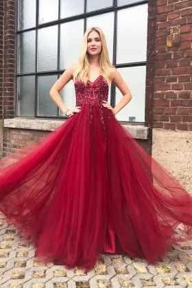 seductive beaded crimson red tulle slit prom dress