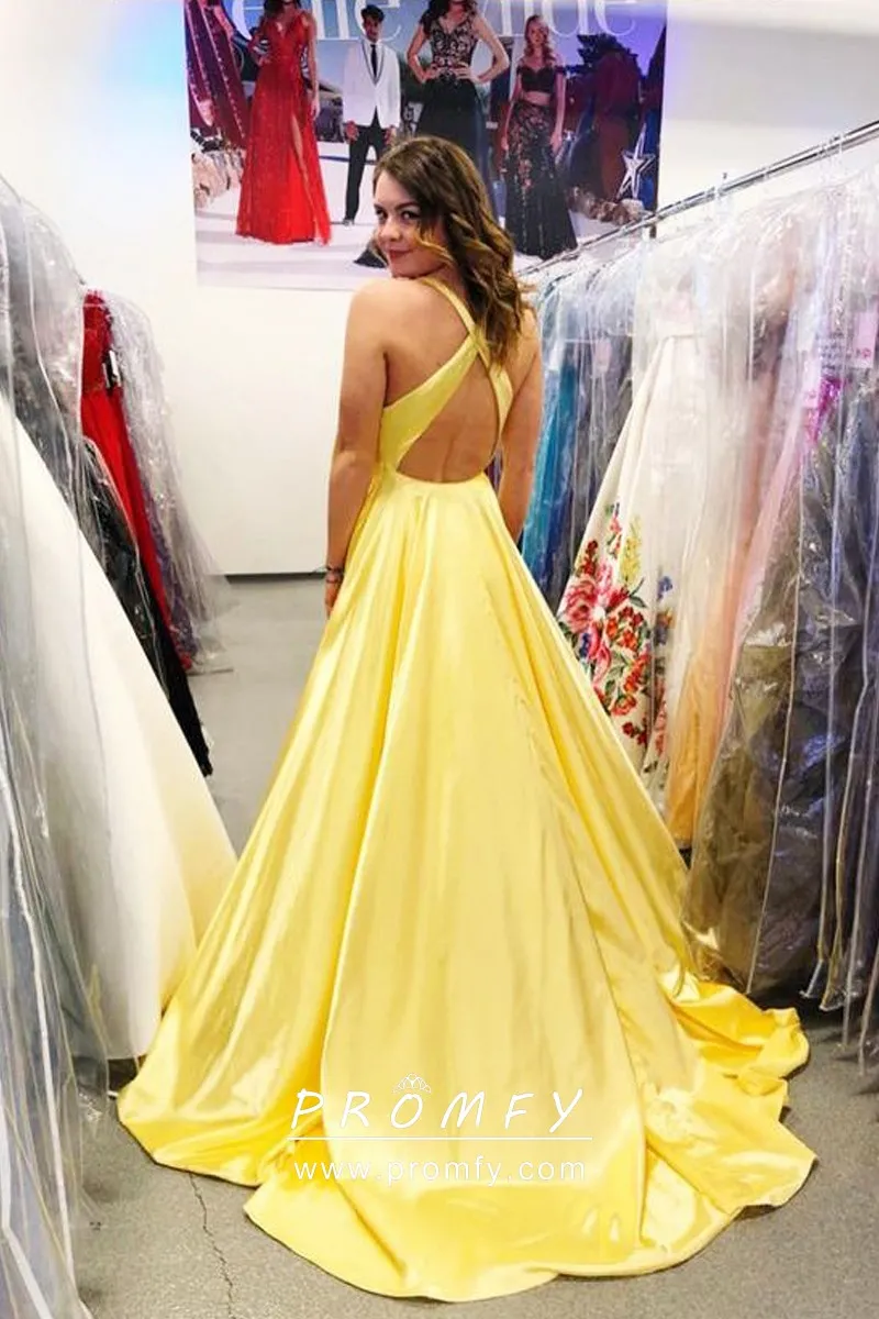 Yellow V-Neck Double Straps Sleeveless Satin Formal Prom Dress with Train