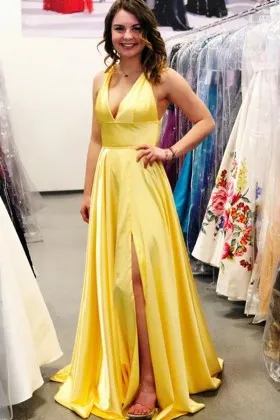 stunning yellow satin deep V neck split prom dress