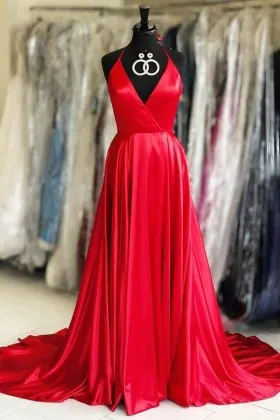 eye catching red satin V neck simply formal dress