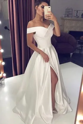 off white satin off the shoulder high slit prom dress