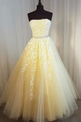 sweet lace appliqued yellow strapless prom dress
