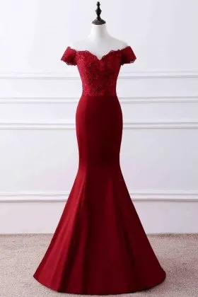 elegant crimson lace satin body hugging prom dress