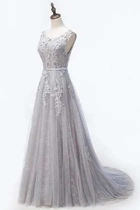 refined beaded grey lace and tulle long formal dress