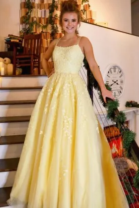 yellow lace tulle double spaghetti straps prom gown