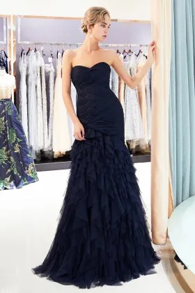 pleated twisted ruffled dark navy tulle prom gown