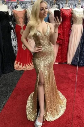 glittering gold sequin high slit mermaid prom dress