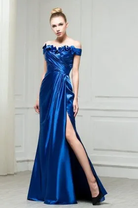 cobalt blue satin 3D flowers pleated slit prom gown