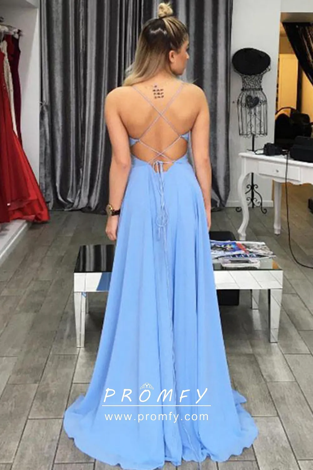 light blue open back prom dress