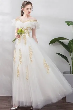 princess gold lace appliqued ivory tulle prom dress