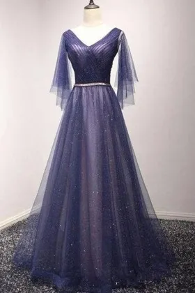 unique regency glitter tulle puffy sleeve prom gown