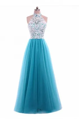 white lace with pool blue tulle halter prom dress