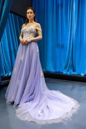 romantic lace appliqued lavender long train dress