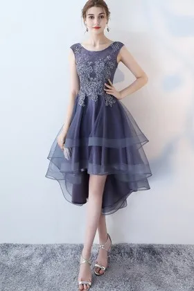 dusty navy cap sleeve high low homecoming dress