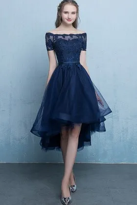 elegant navy blue off shoulder high low prom dress