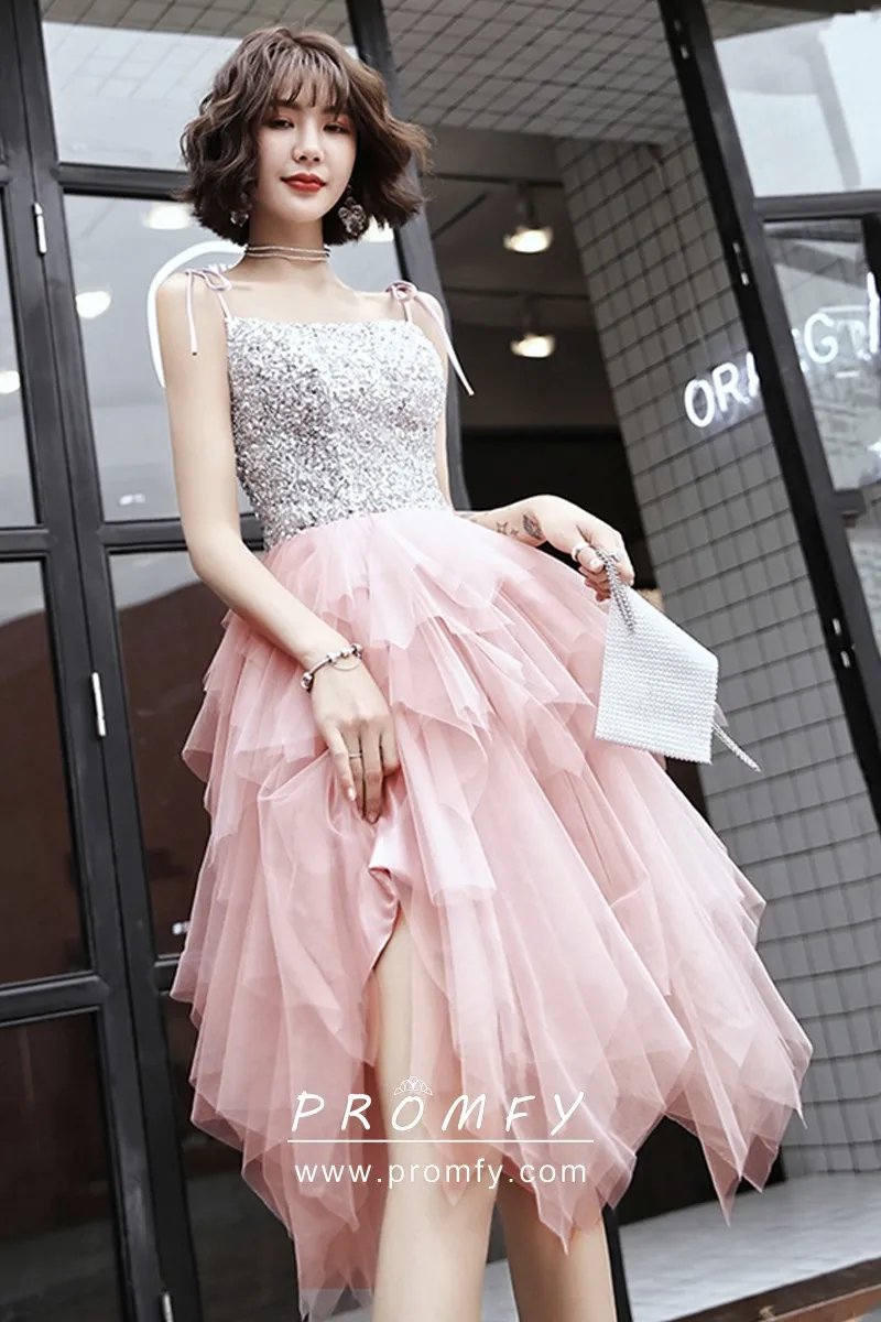 blush tulle uneven silver sequin party dress blush tulle uneven silver sequin party dress
