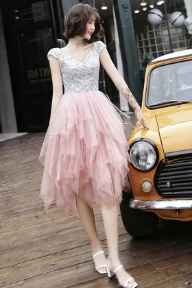 stylish sliver sequin blush tulle uneven prom dress