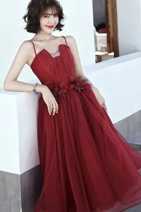 unique cut neckline burgundy ankle length prom gown