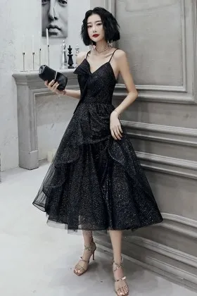 shimmery black glitter bow V neck ruffled prom gown