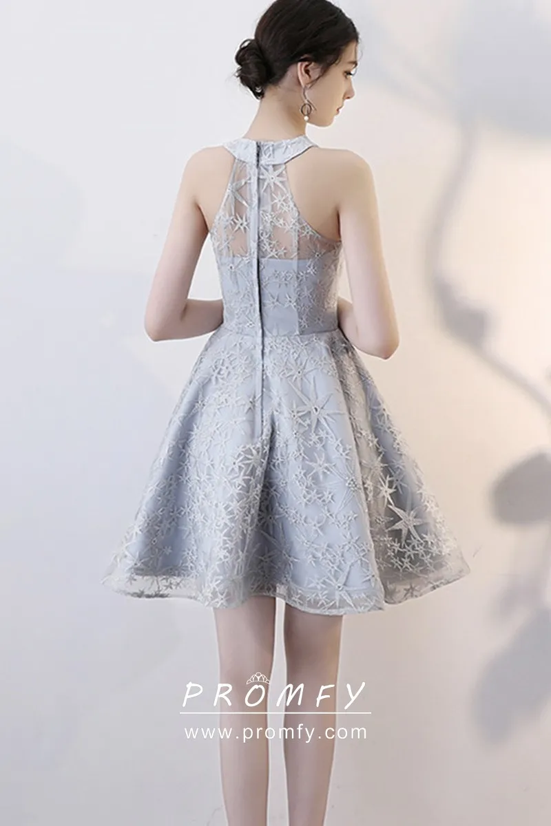 Stars Glitter Gray Short Halter Neck Cocktail Dress Promfy