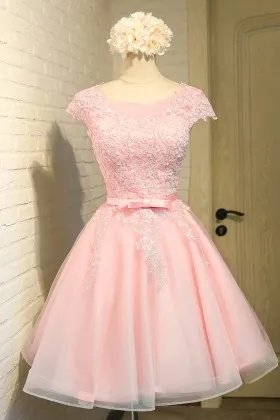 charming pink satin lace organza short dress