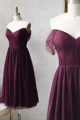 off shoulder ruched plum tea length bridesmaid gown