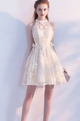 cream floral lace halter neck short cocktail dress