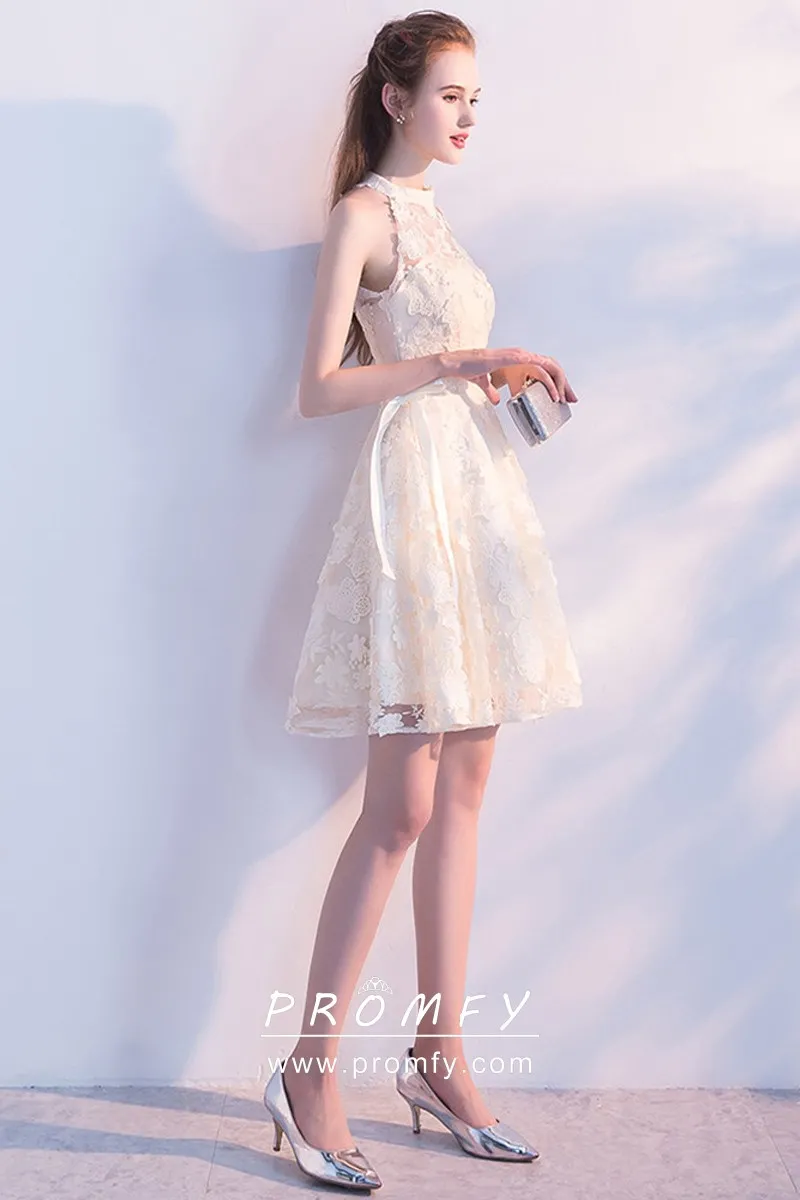 Cream Floral Lace Halter Neck Short 